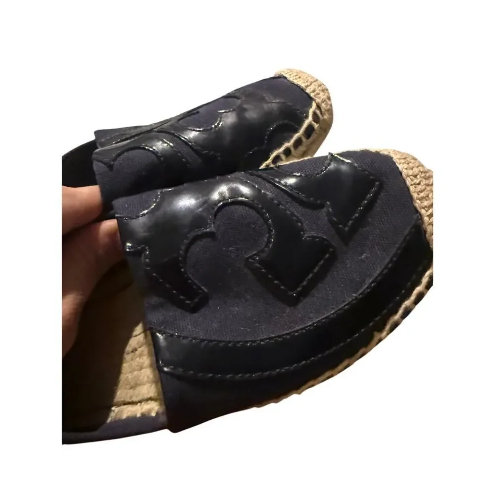 Tory Burch Blue Black Canvas and Patent Leather Poppy Espadrilles Sz. 7.5